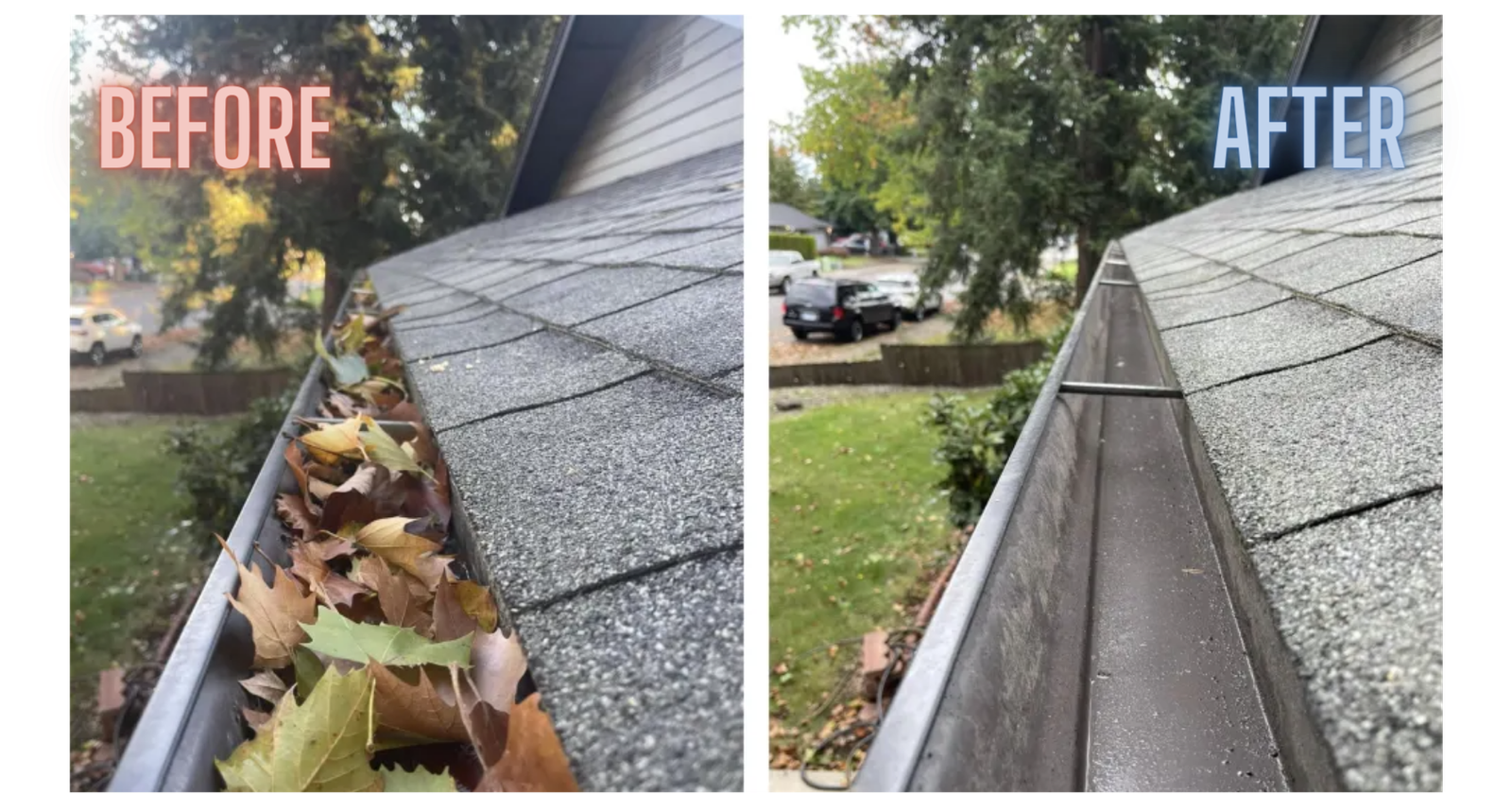 A before and after image of a gutter cleaning