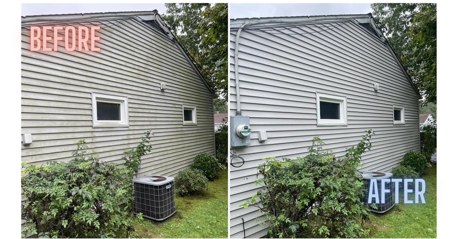 A before and after image of a house wash