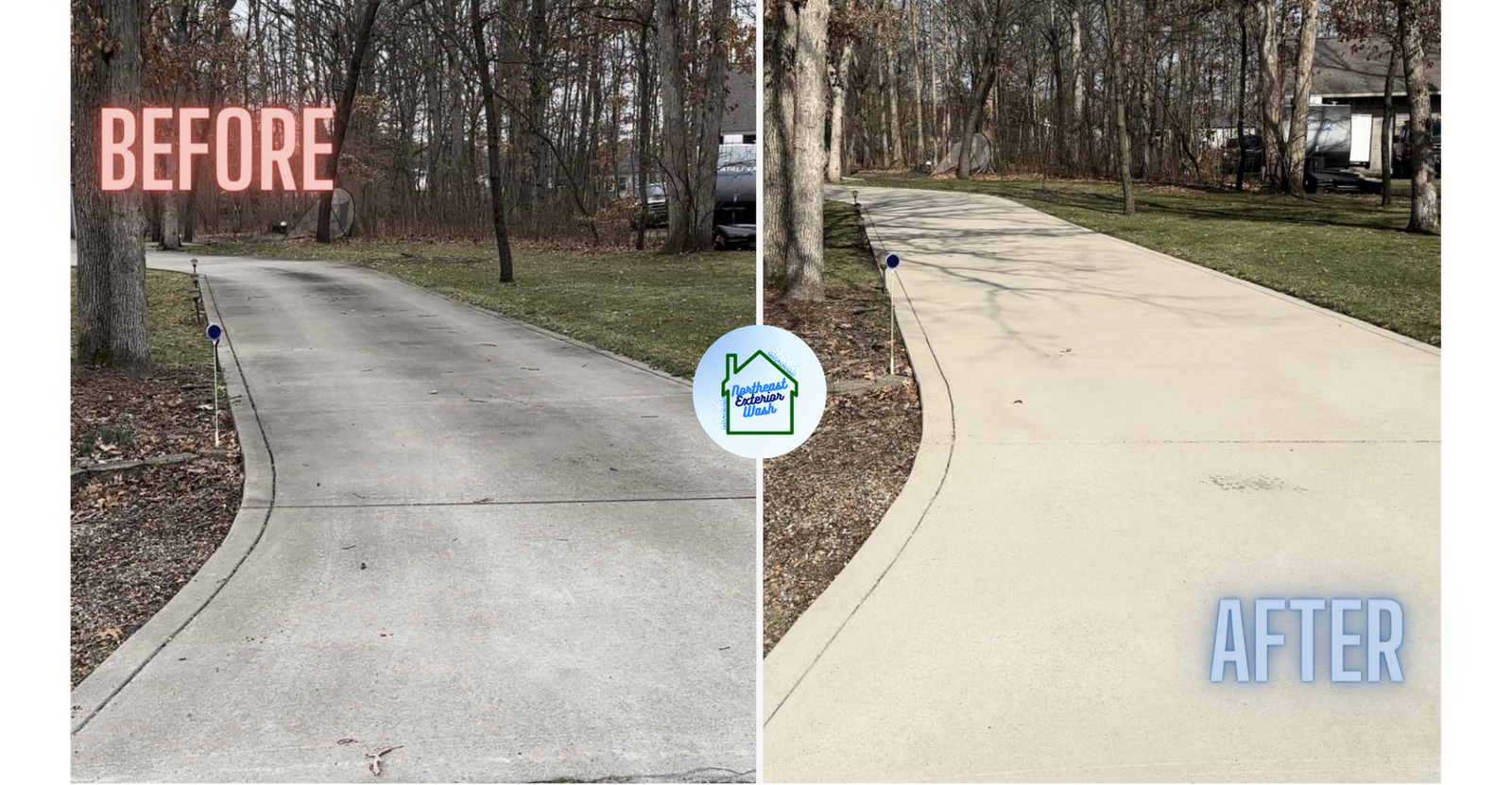 A before and after image of a driveway surface cleaning